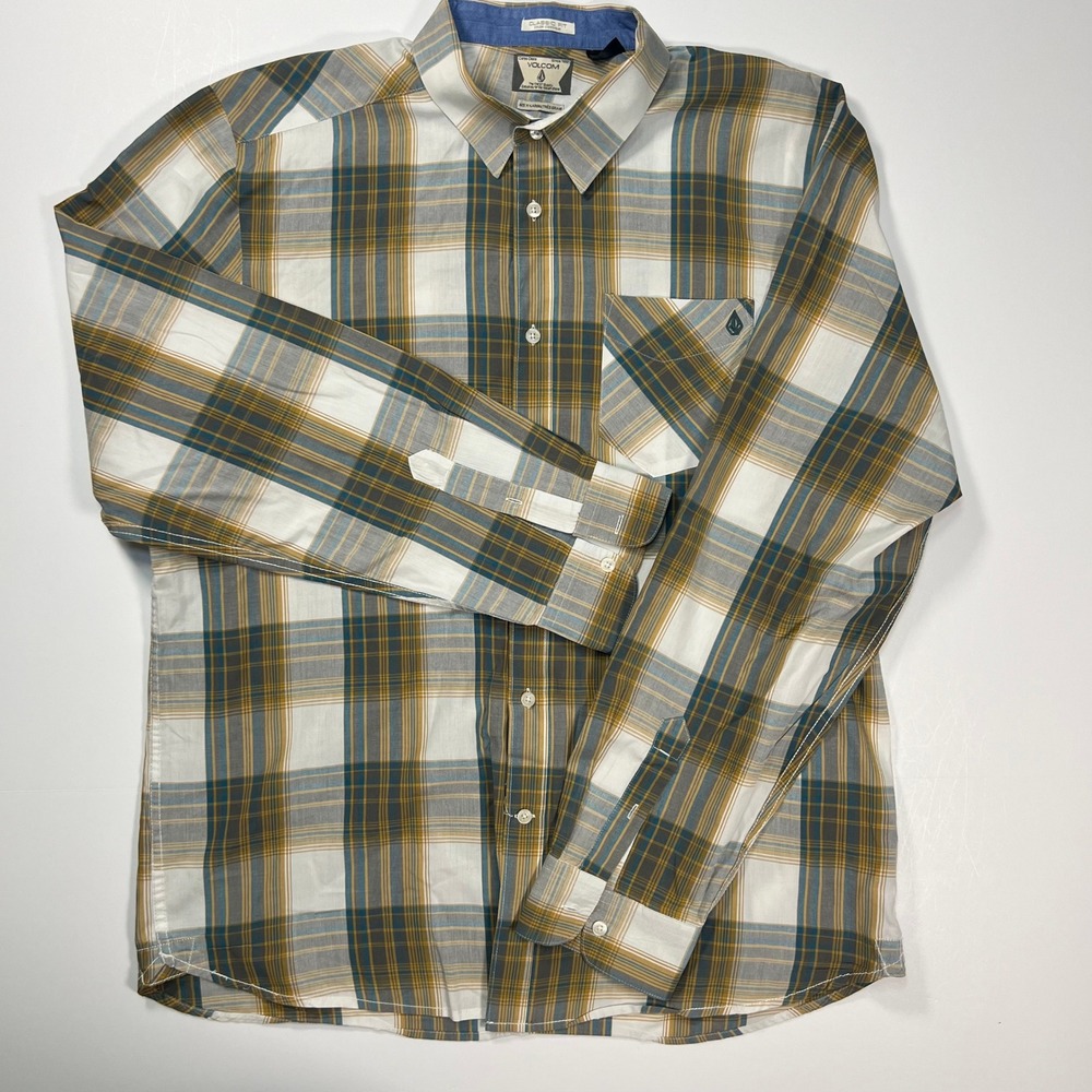 Volcom Plaid Button Down Shirt Mens XL Yellow Teal White Classic Fit Long Sleeve